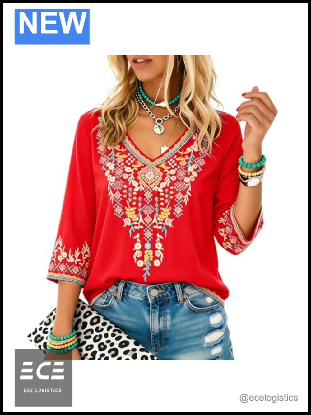 Higustar Mexican Embroidered Tunic Top 3/4 Sleeve Boho Peasant Blouse